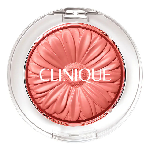 Embalagem redonda transparente aberta exibindo o Blush Clinique Cheek Pop na cor Ginger Pop com relevo de margarida