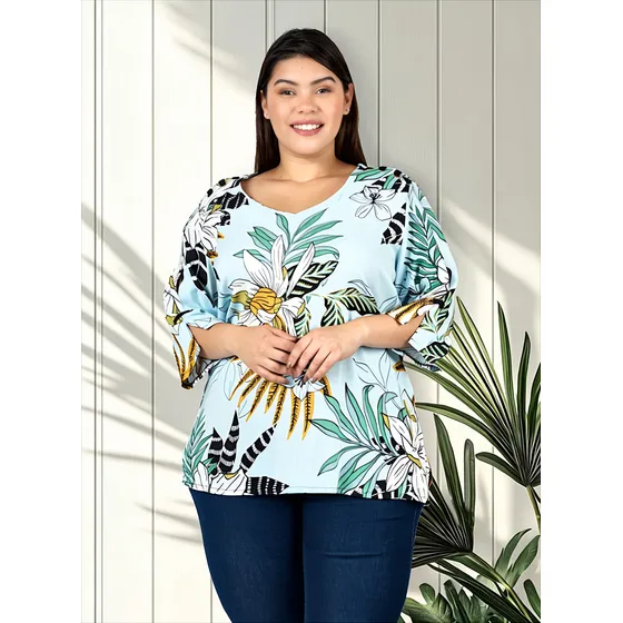 Blusa Lino Manga 3/4 Mujer Estampa Onara Vida Talle Grande