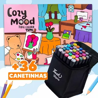Kit Livro De Colorir Comfy Goods + 36 Canetinhas Bobbie Touch Coloridas Ponta Dupla Marcadores Estojo Kit Livro De Colorir Comfy Goods + 36 Canetinhas Bobbie Touch Coloridas Ponta Dupla Marcadores Estojo