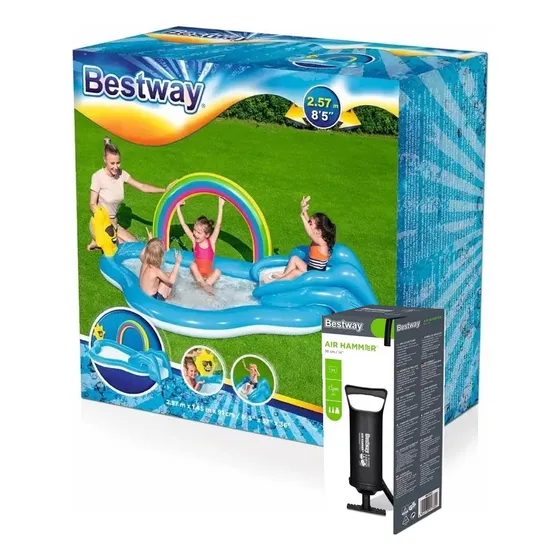 Combo Pileta Inflable Tobogan Arcoiris + Inflador Manual