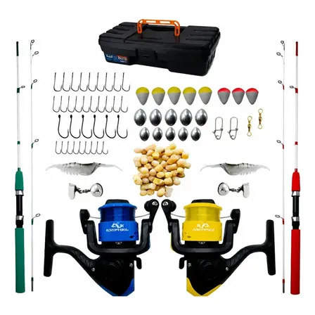 2 Vara De Pesca Completa Com Molinete JP250 Linha Azul / Verde / Amarelo