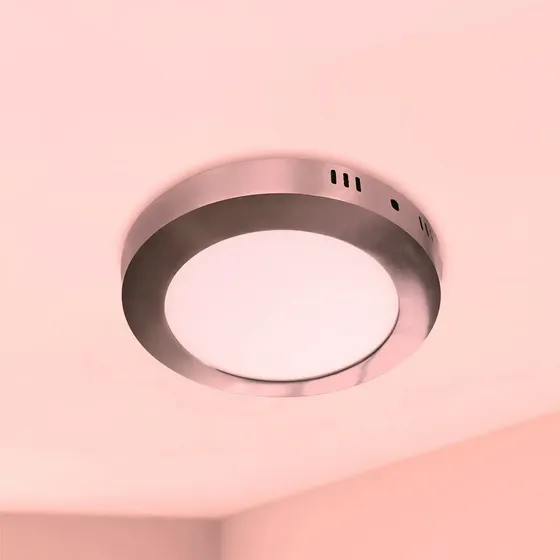Foco Panel Led Plafon Redondo Niquel Sobrepuesto 12w Niquelado Blanco Cálido 3000-3500 °k