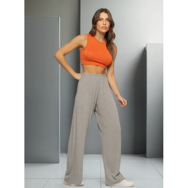 Calça Wide Leg Com Bolso Malha 