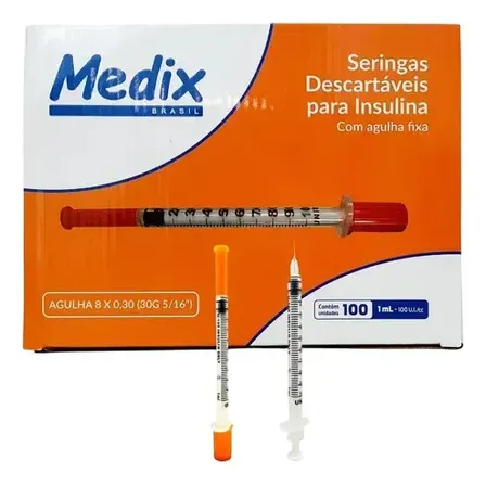 Seringa Insulina Medix 1ml Agulha Fina 8x0,3mm 30g 100 Unid