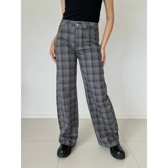 Pantalones Wide Leg Gabardina Cuadros Mujer Marca Loca