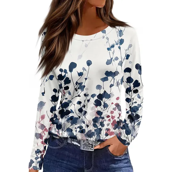 Camiseta Manga Larga Para Mujer Cuello Redondo Holgada Moda