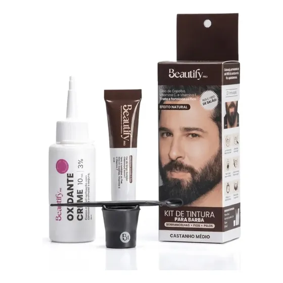 Kit Tintura Para Barba E Bigode Castanho Médio Beautify Pro