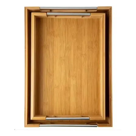 Set 2 Bandejas Para Servir Bambú Con Asas Acero Inox Filula Color Madera Bambú y Acero Inoxidable