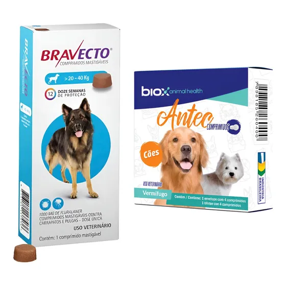 Bravecto 1000mg De 20 Até 40kg + Antec Biox Caixa 04 Cp.