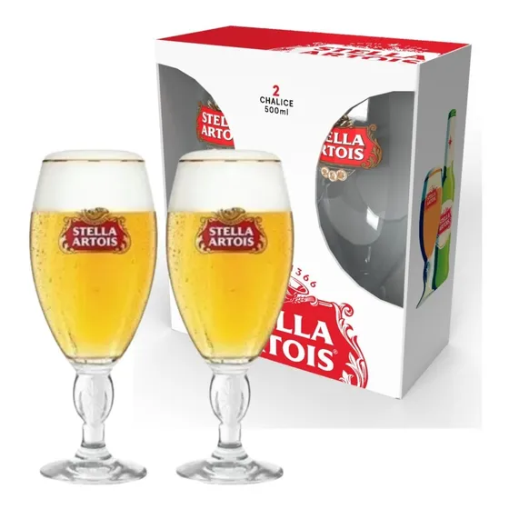 2 Copas De Cerveza Stella Artois 500 Cc Borde Dorado En Caja