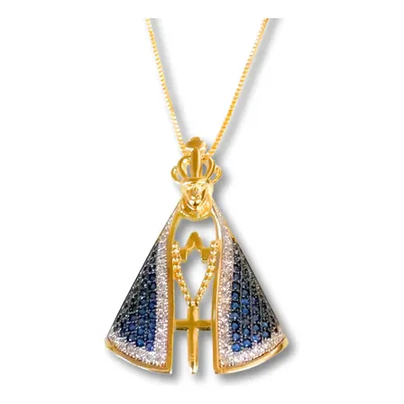 Colar Nossa Senhora Religioso Banhado A Ouro 18k Azul Com Pedras