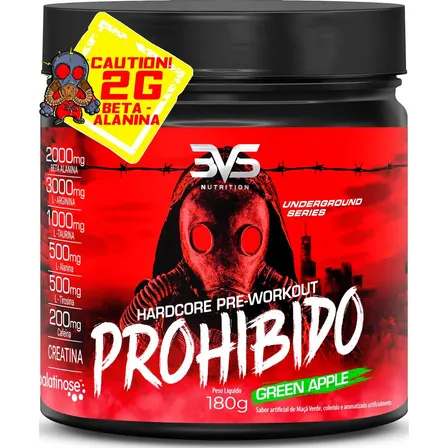 Pré Treino Prohibido 180g Sabor Green Apple - Fórmula Avançada Contendo Creatina, Beta Alanina, Taurina, L-tirosina, L-alanina, Cafeína, Arginina E Palatinose - Extra Forte Maçã Verde