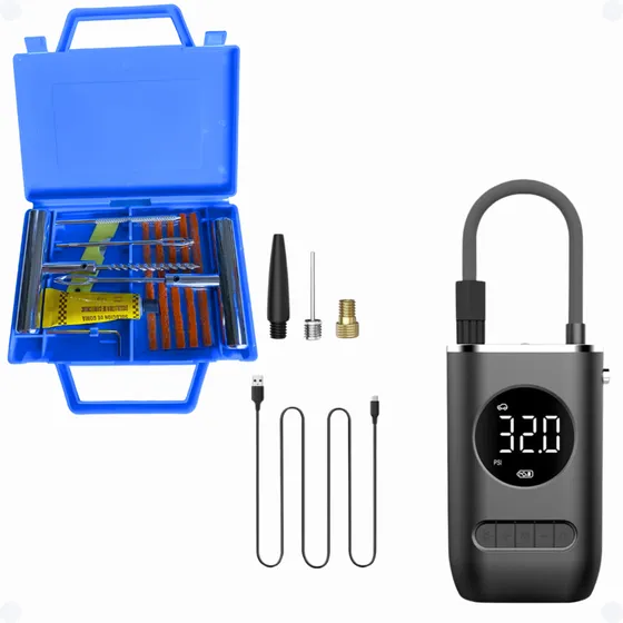 Kit Remendo Maleta Reparo + Calibrador Compressor Pneu Digit