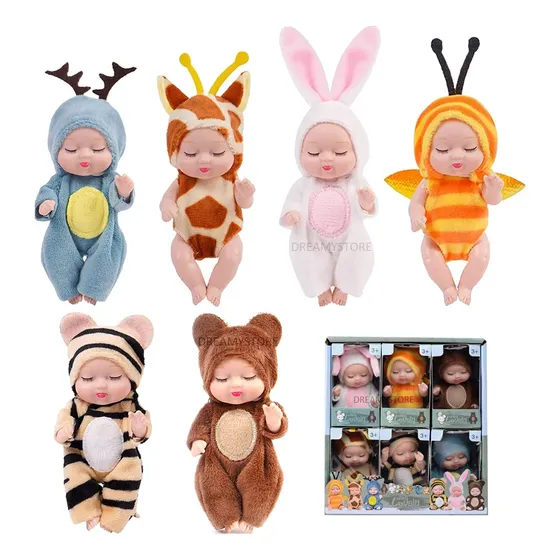DREAMYSTORE 11cm Dolly Mini muñeca linda Bebé,Disfraces con motivos animales,Regalo de cumpleaños,Caja de regalo,1 set,6 piezas