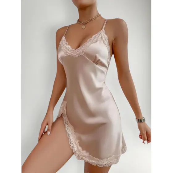 Pijama Batola Seda Encaje Color Beige Satin Mujer