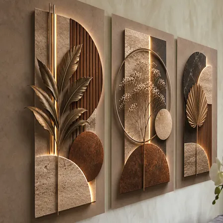 Conjunto 3 Quadros Geométricos Marrom Dourado Sala Moderna Marrom, Dourado Marrom-claro
