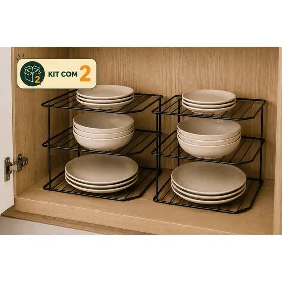 Kit 2 Organizador Pratos Armário Cozinha Suporte 3 Níveis