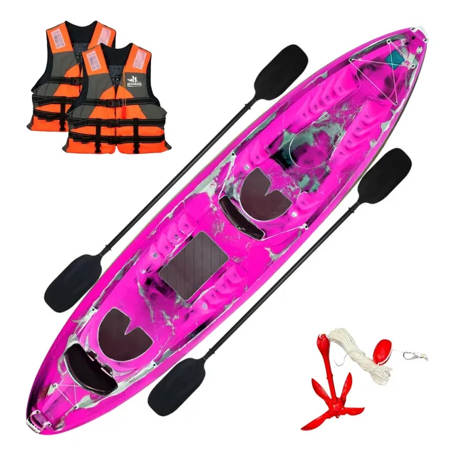 Kayak Caiaker Raia Triplo 2 Adultos + 1 Niño Chalecos Remo Color Rosa Neón