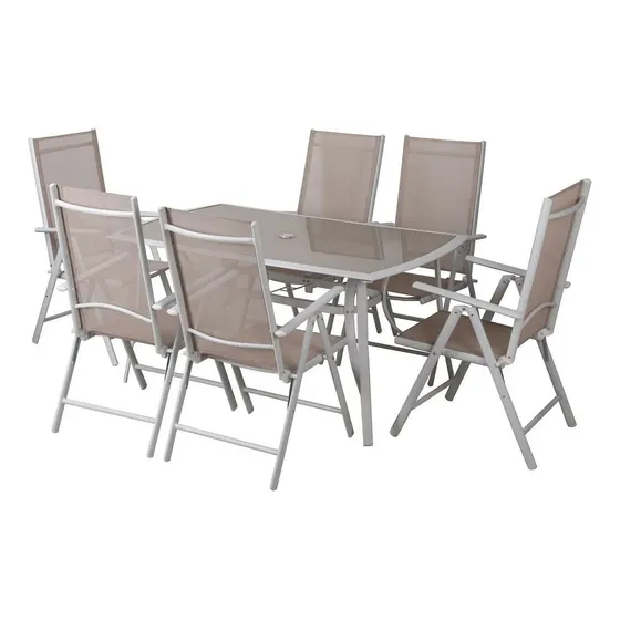 Set Comedor Exterior Mesa Aluminio Vidrio 6 Sillas Plegables