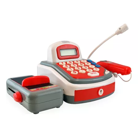 Caja Registradora Canasto Con Accesorios Sonido Microfono Ck Color Blanco Con Rojo