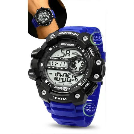 Relógio Mormaii Esportivo Masculino Digital Azul Com Cronômetro E Alarme À Prova D'água 100m Preto Lcd Positivo