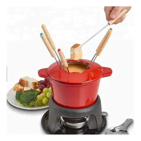 Fondue Hierro Fundido Con Esmaltado Rojo Con 6 Pinchos