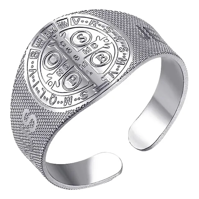 Anillo Sello Cruz San Benito Chapado Oro Ip Proteccion Ajust