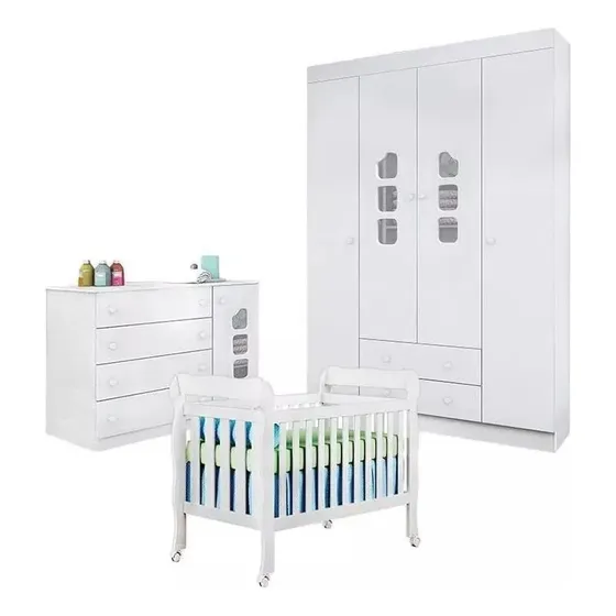 Jogo De Quarto Com Berço Vira Mini Cama 100% Mdf - Big Shop