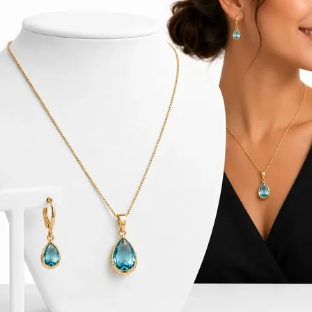 Conjunto Colar E Brinco Gota Azul A Ouro 18k Fique Linda Ouro 18k