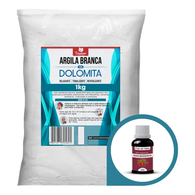 Dolomita Com Argila Branca 1kg + Óleo De Rosa Mosqueta