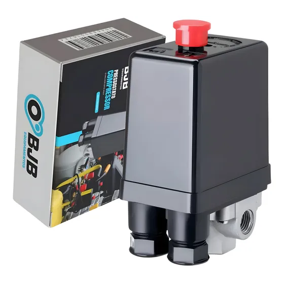 Pressostato Automático Com botão Liga/ Desliga com 4 Vias Rosca 1/4 - Funcionamento entre 80 até 120 Psi - Baixa pressão; Compressores monofásicos e trifásicos até 5CV - BJB equipamentos