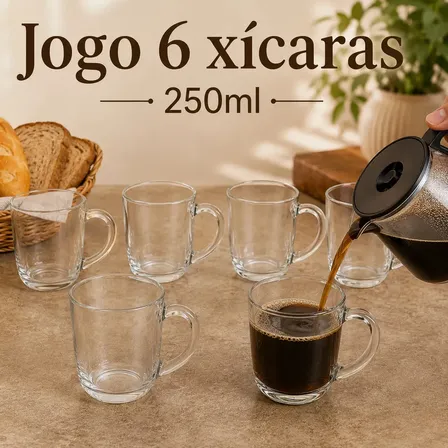 Jogo Com 6 Canecas 250ml Xicaras De Vidro Para Café Expresso Transparente - Resistente e Ideal Para Cafeteira