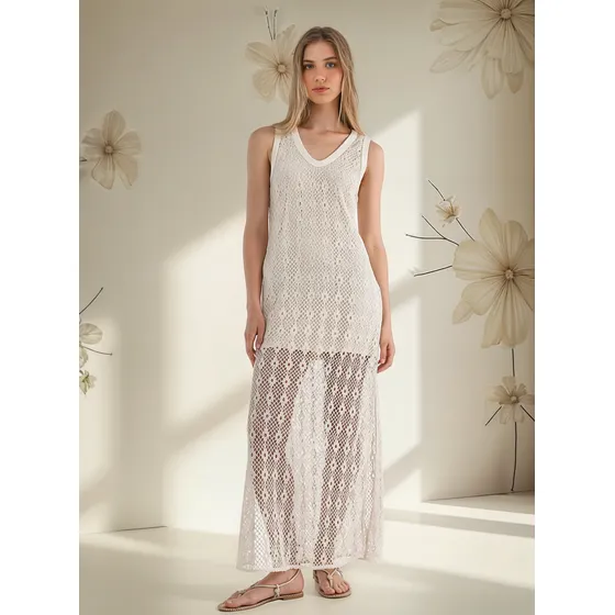 Vestido Largo En Tejido De Crochet Crudo Para Mujer Tennis