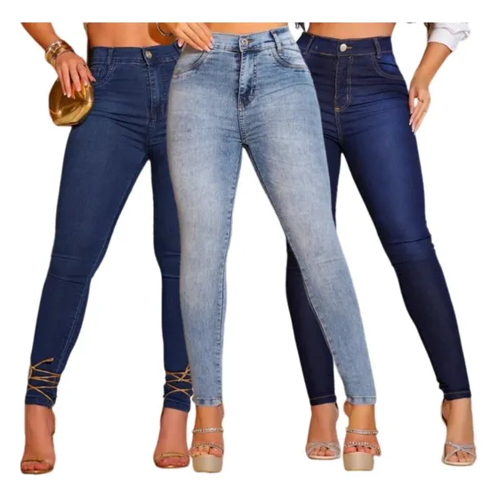 Kit 3 Calça Jeans Feminina Skinny Cintura Alta Com Lycra