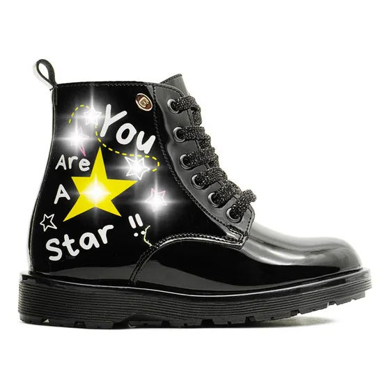 Bota Coqueta Para Niña Charol Negro Con Luces Led Estrellita
