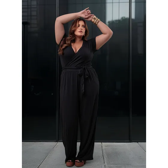Macacão Feminino Plus Size Com Cinto  Decote Em V Longo Luxo