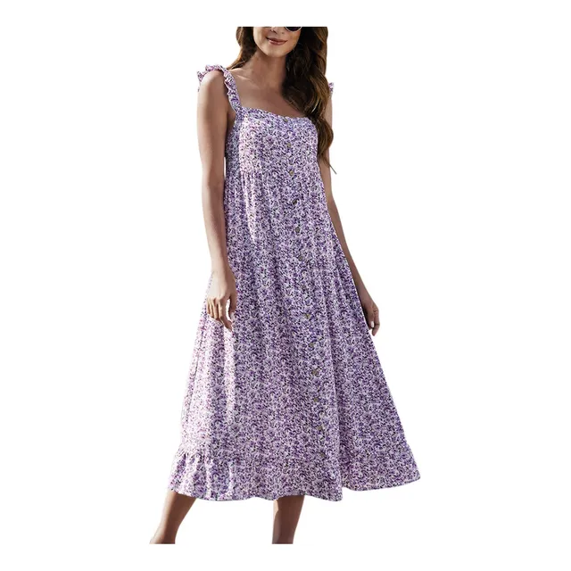 Vestido Largo Suelto Manga Cuello Cuadrado Estampado Verano
