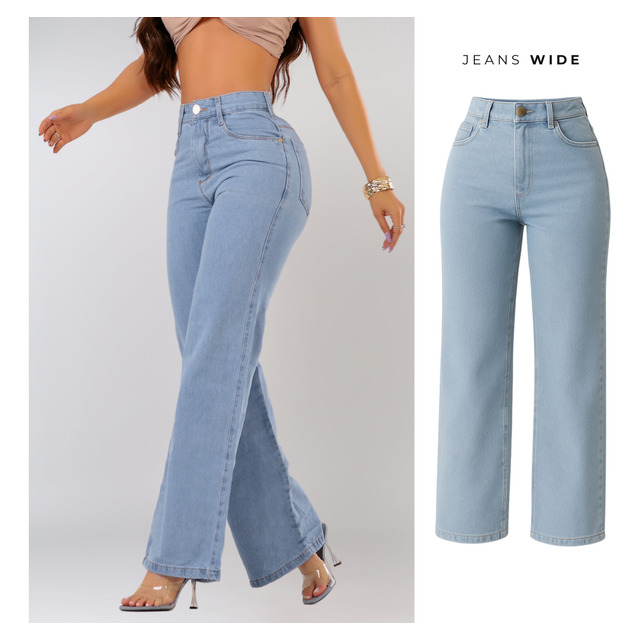 Calça Jeans Wide Leg Pantalona Cintura Alta Jeans 100% Calça Jeans Wide Leg Pantalona Cintura Alta Jeans 100%
