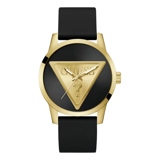 Reloj Guess Badge Hombre Triangulo Correa Negro Bisel Dorado Fondo Negro