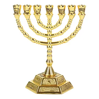 Candelabro Dorado Con Forma De Menorá Judía, 7 Ramas, Para H Candelabro Dorado Con Forma De Menorá Judía, 7 Ramas, Para H