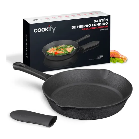Sartén De Hierro Fundido Precurado Cookify 20.4 Cm | Ferro-lux Series | Skillet Duradero, Distribución Uniforme De Calor, Ideal Para Asador. Color Negro
