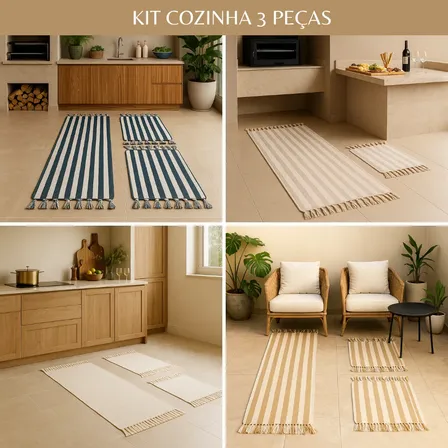 Kit 3 Tapetes Artesanais Listrados Com Franjas Búzios Pia