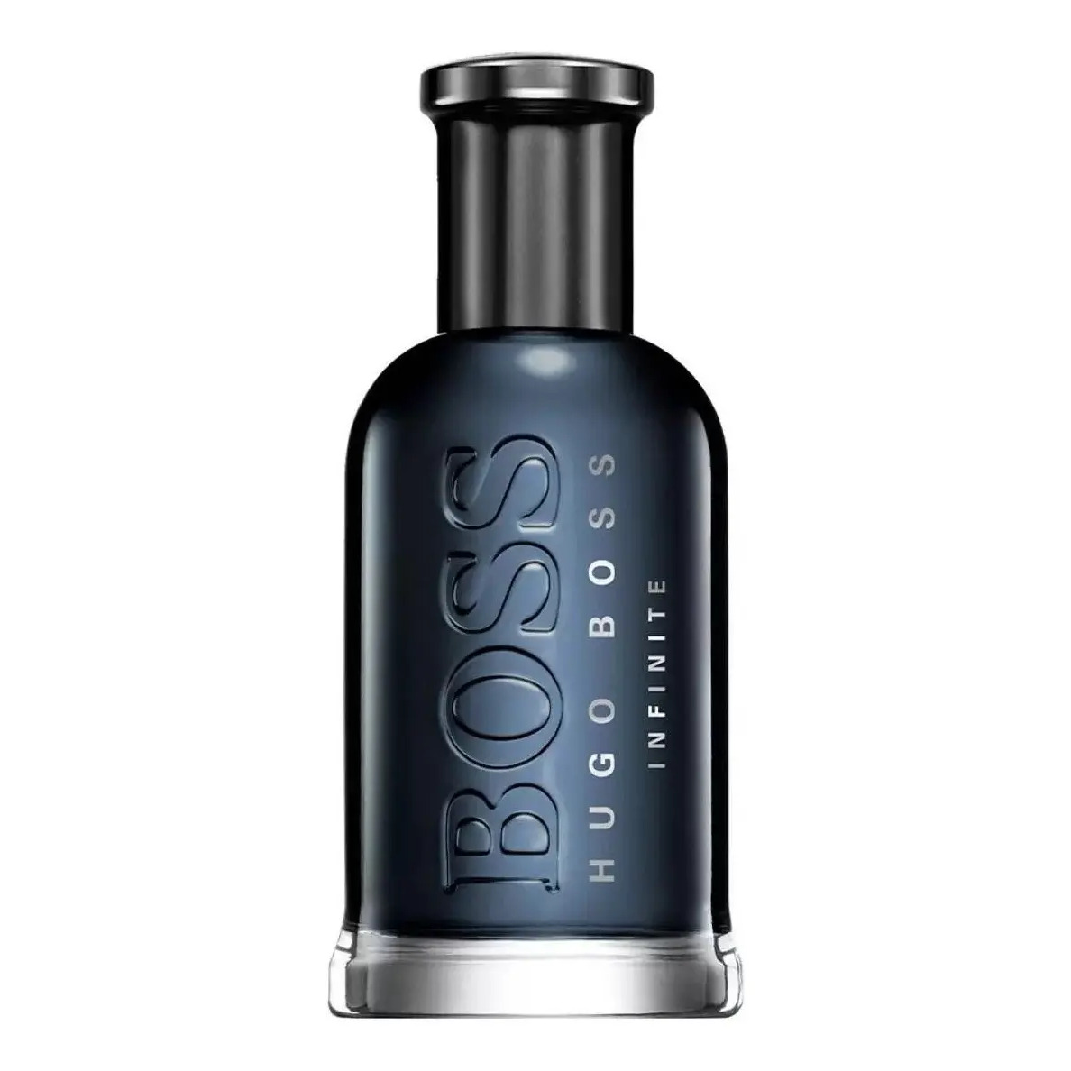 Frasco de vidro azul escuro do perfume Hugo Boss Bottled Infinite de 100ml com tampa preta e nome da marca gravado em relevo