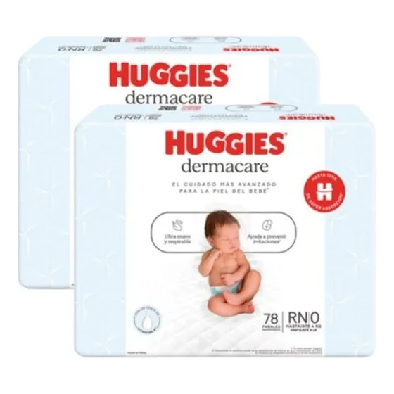 Pack De 2 Pañales Huggies Dermacare Talla Recien nacido (RN) x 78 unidades