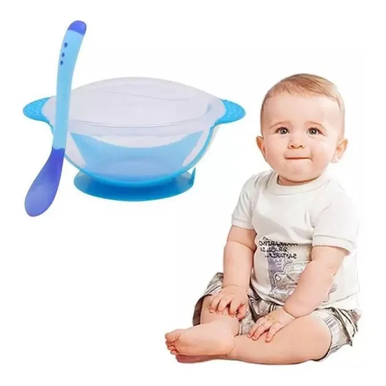 Plato Antiderrame Chupa Para Bebes + Cuchara Silicona Y Tapa Color Azul