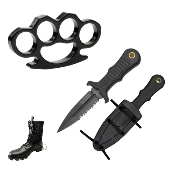 Mini Faca Punhal De Bota E Pescoço + Soco Inglês 12mm- C/nfe Cor Preto