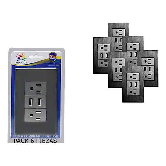 6 Pzas Contacto Placa 2 Toma Corriente Pared 2 Conexion Usb