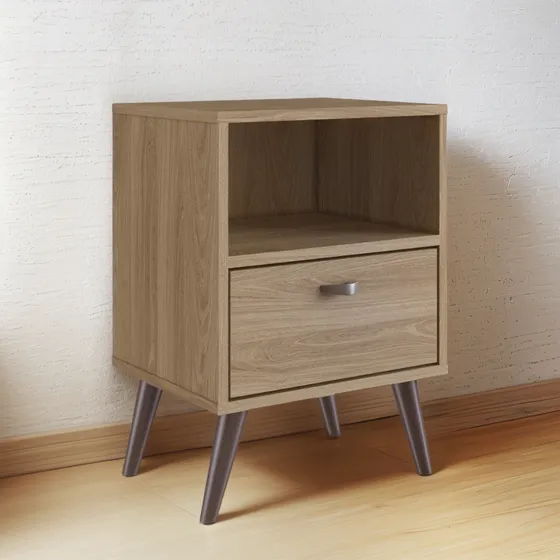 Mesa De Luz Nordica Retro Dormitorio 1 Estantes 1 Cajon Pro