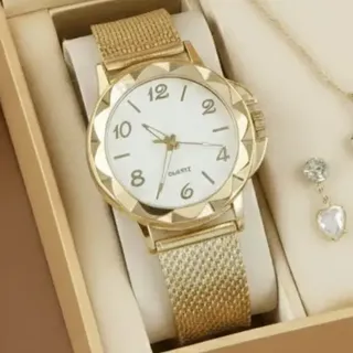 Mgc Relógio Feminino+ Colar Pingente Brincos Folheado A Ouro 18k Dour