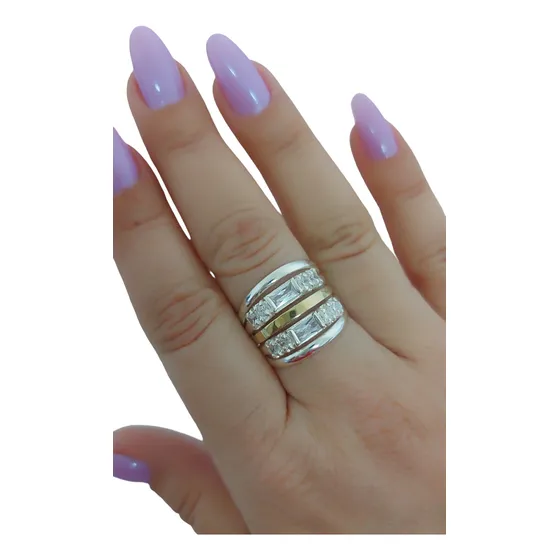 Anel Feminino 5 Filetes Prata 925 Com Aplique De Ouro